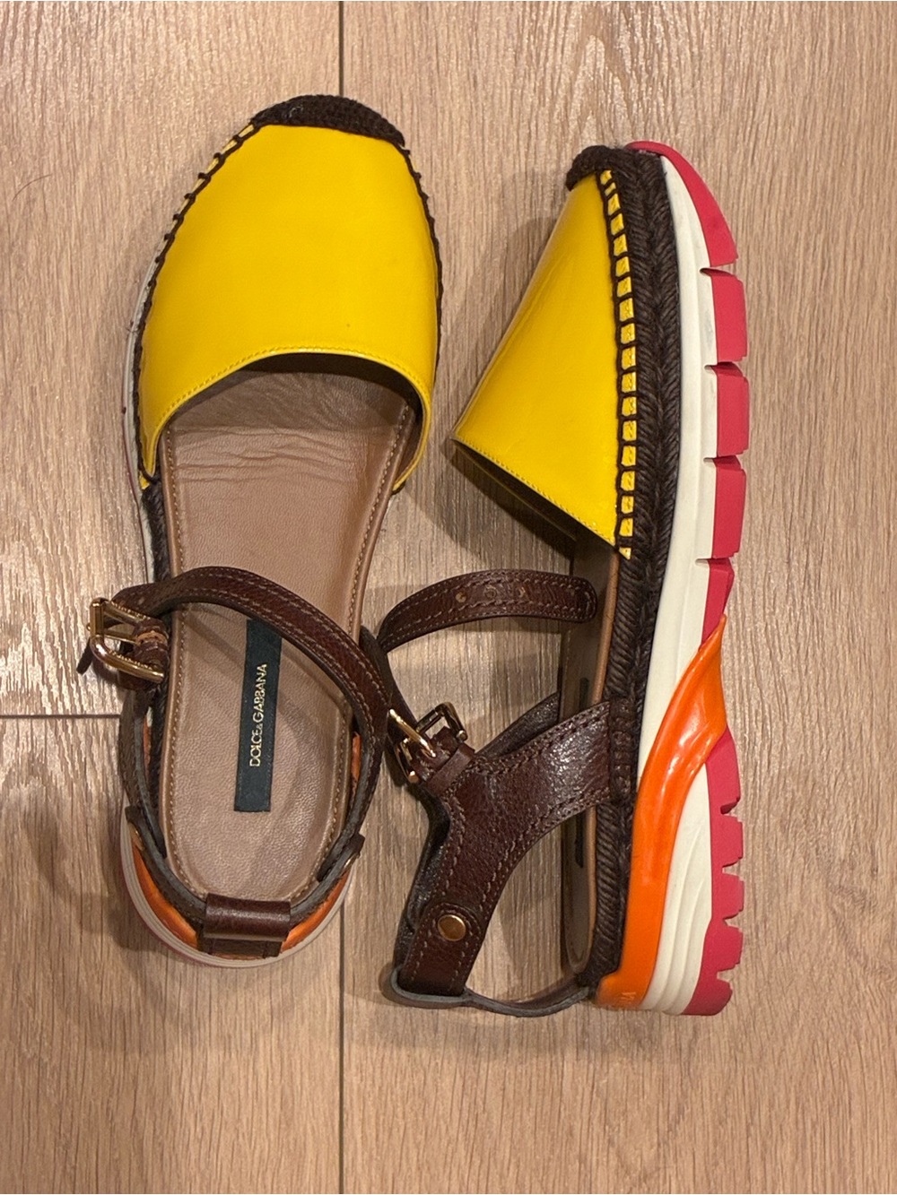 Dolce & Gabbana Yellow/ pink Espadrille-Style Sandals with Brown Leather Straps